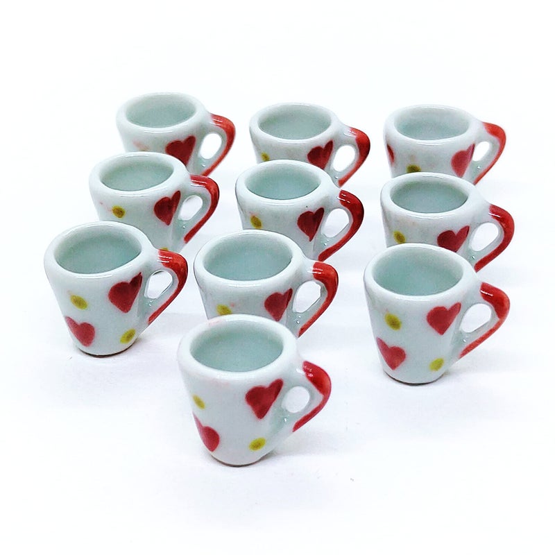 ChangThai Design Very Tiny Â½ Inch White Red Hearts Ceramic Coffee Mug 10 Pieces Set - Miniature Tableware Cup Tray Bowl Crockery Cutlery Kitchenware Handmade Mini Porcelain Decorative Collectible Gift - Image 1